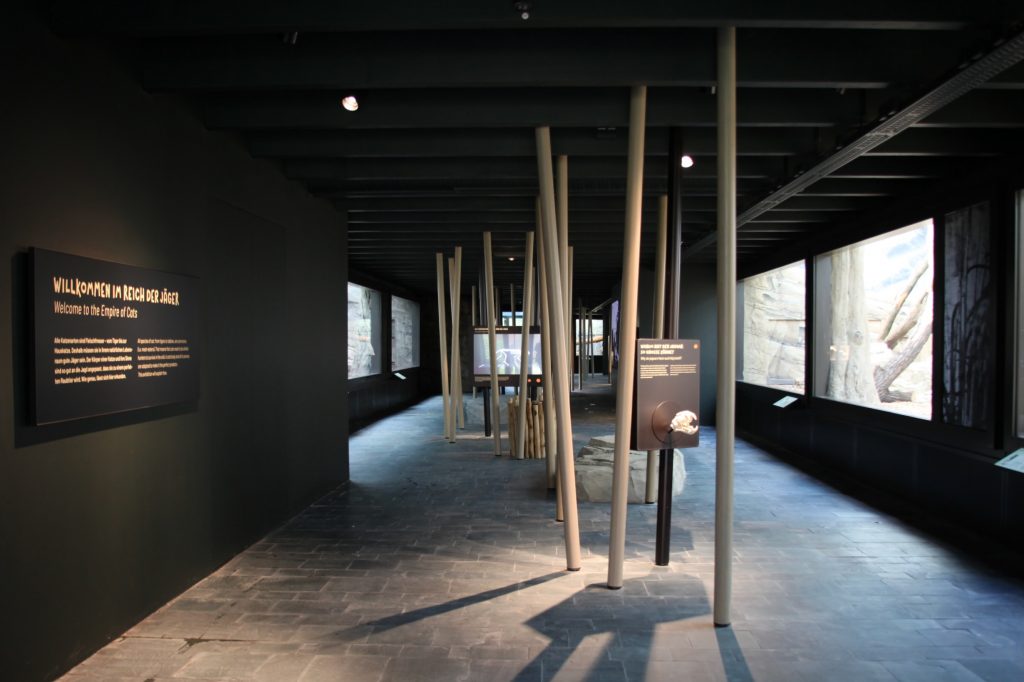 Das Bild zeigt den Anfang der Ausstellung "Reich der Jäger" mit einer Einführungstafel und zwischen Boden und Decke verspannten Rundstäben, an denen Exponate befestigt sind